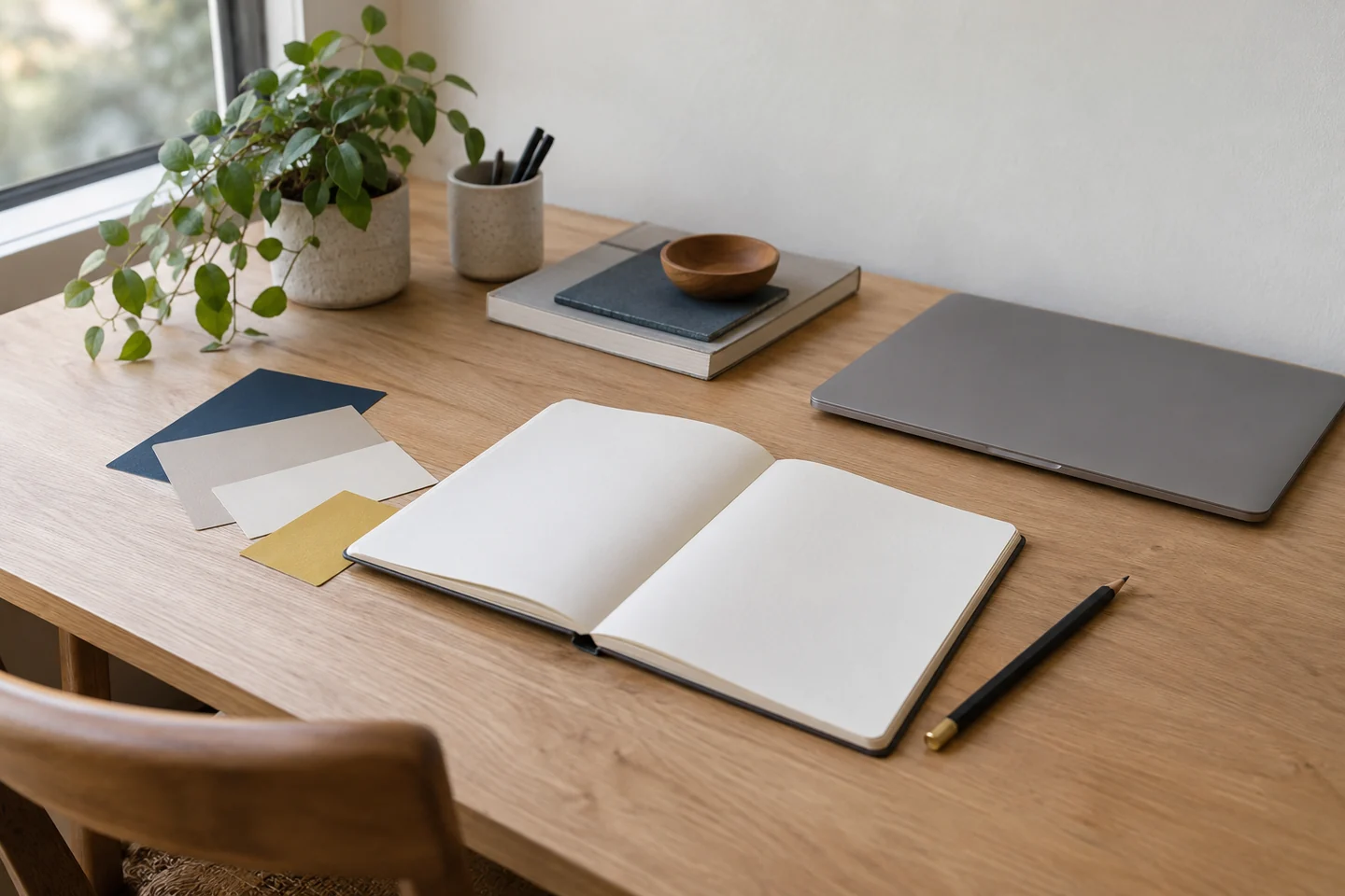 Illustrative brand planning desk with a notebook and muted color samples.
