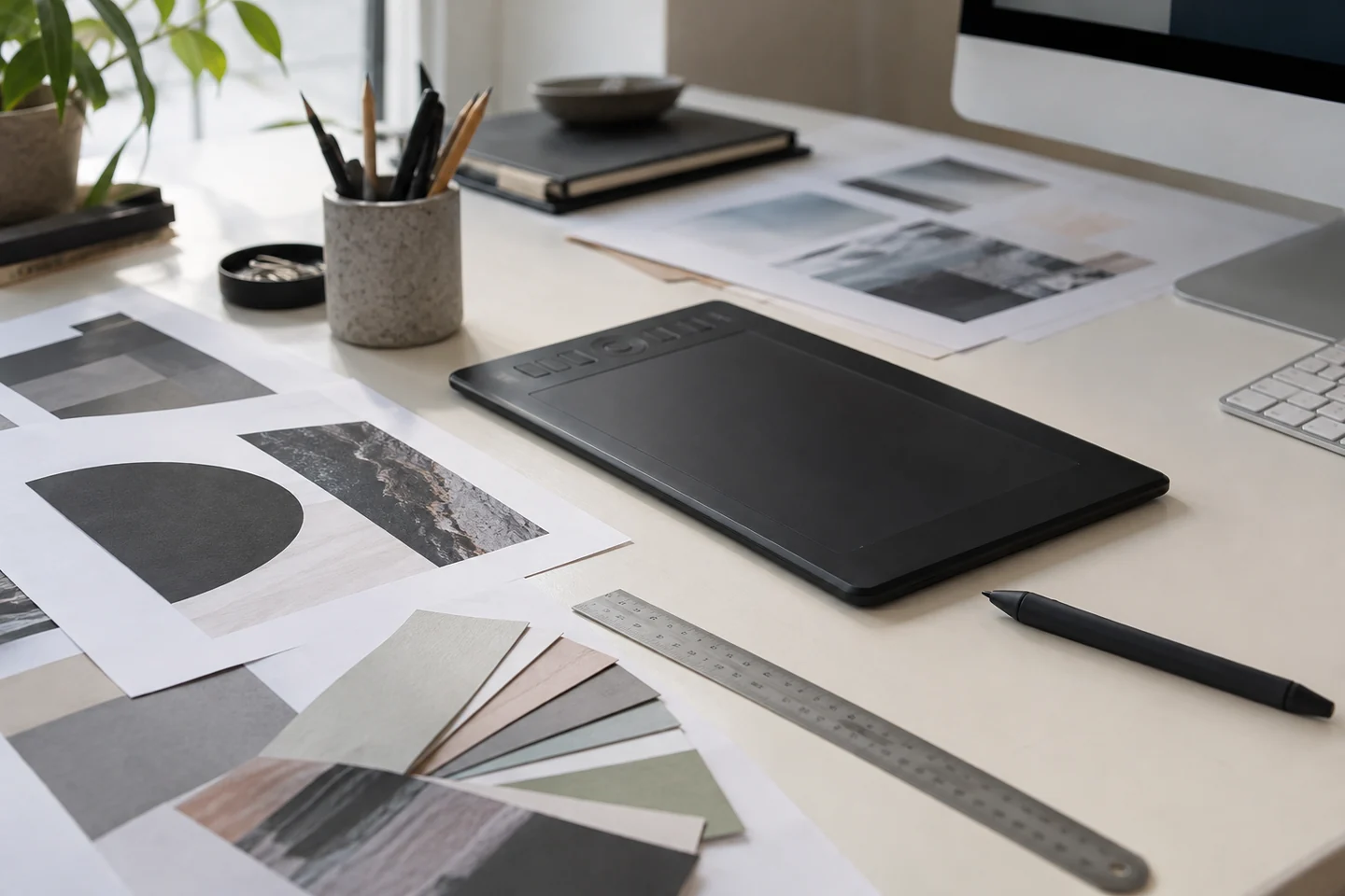 Illustrative graphic design workspace with a pen tablet and layout proofs.