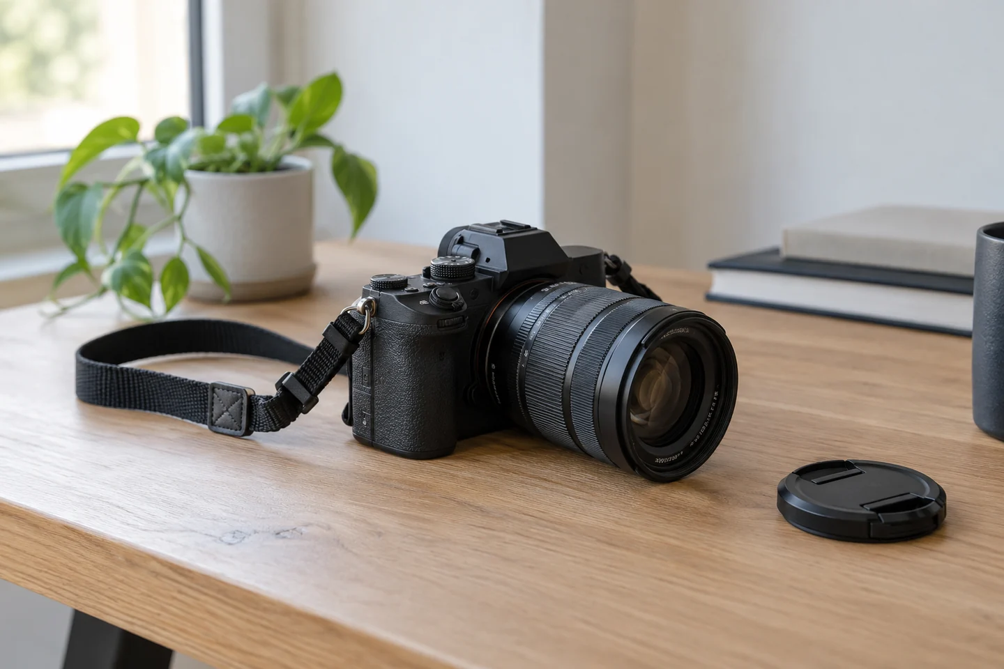 Illustrative mirrorless camera and lens on a light wood desk.