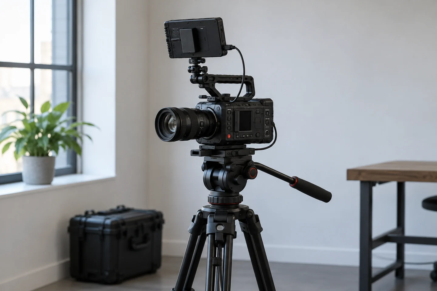 Illustrative compact cinema camera on a tripod.