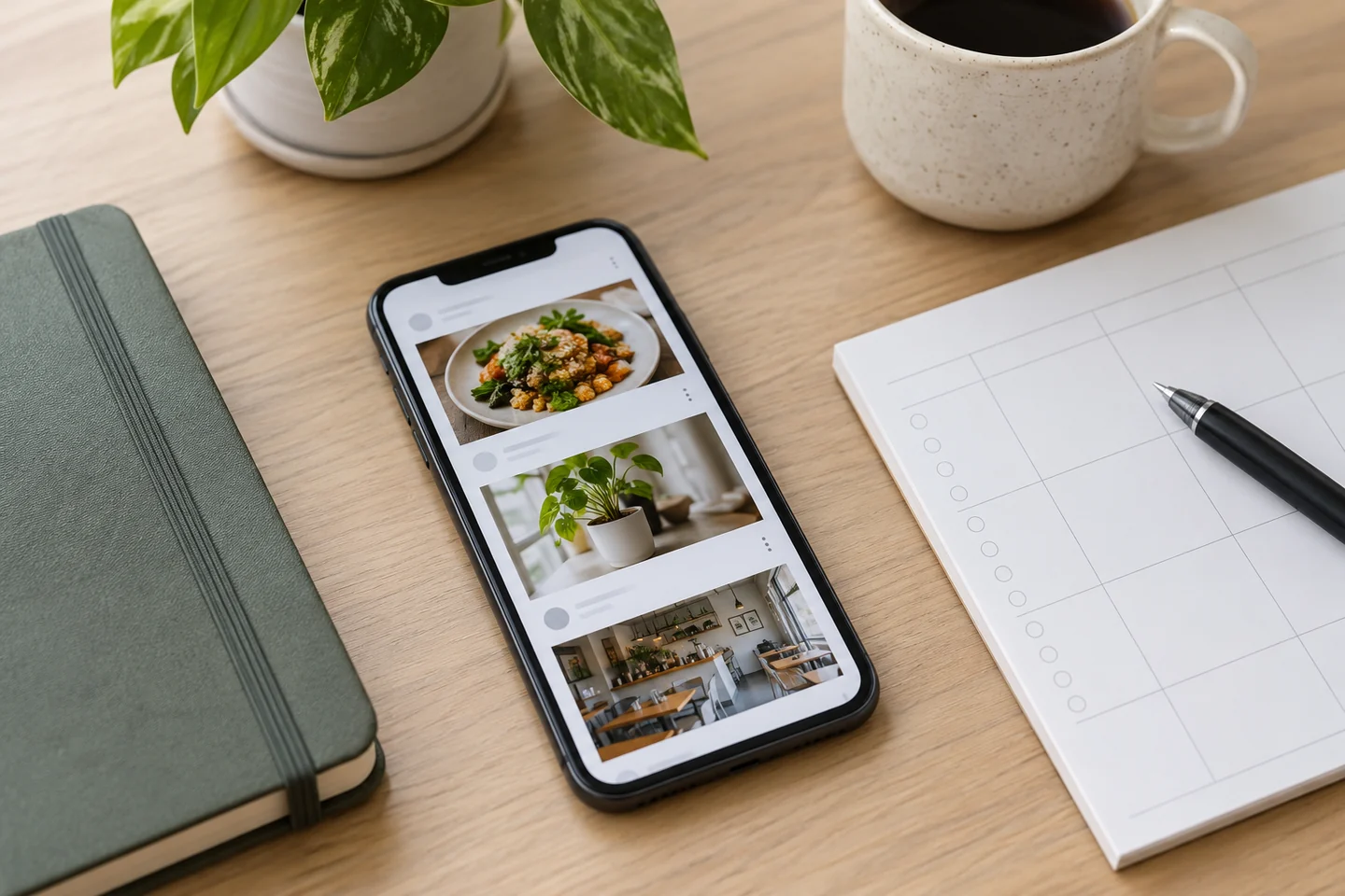 Illustrative social media planning desk with a phone and planner.