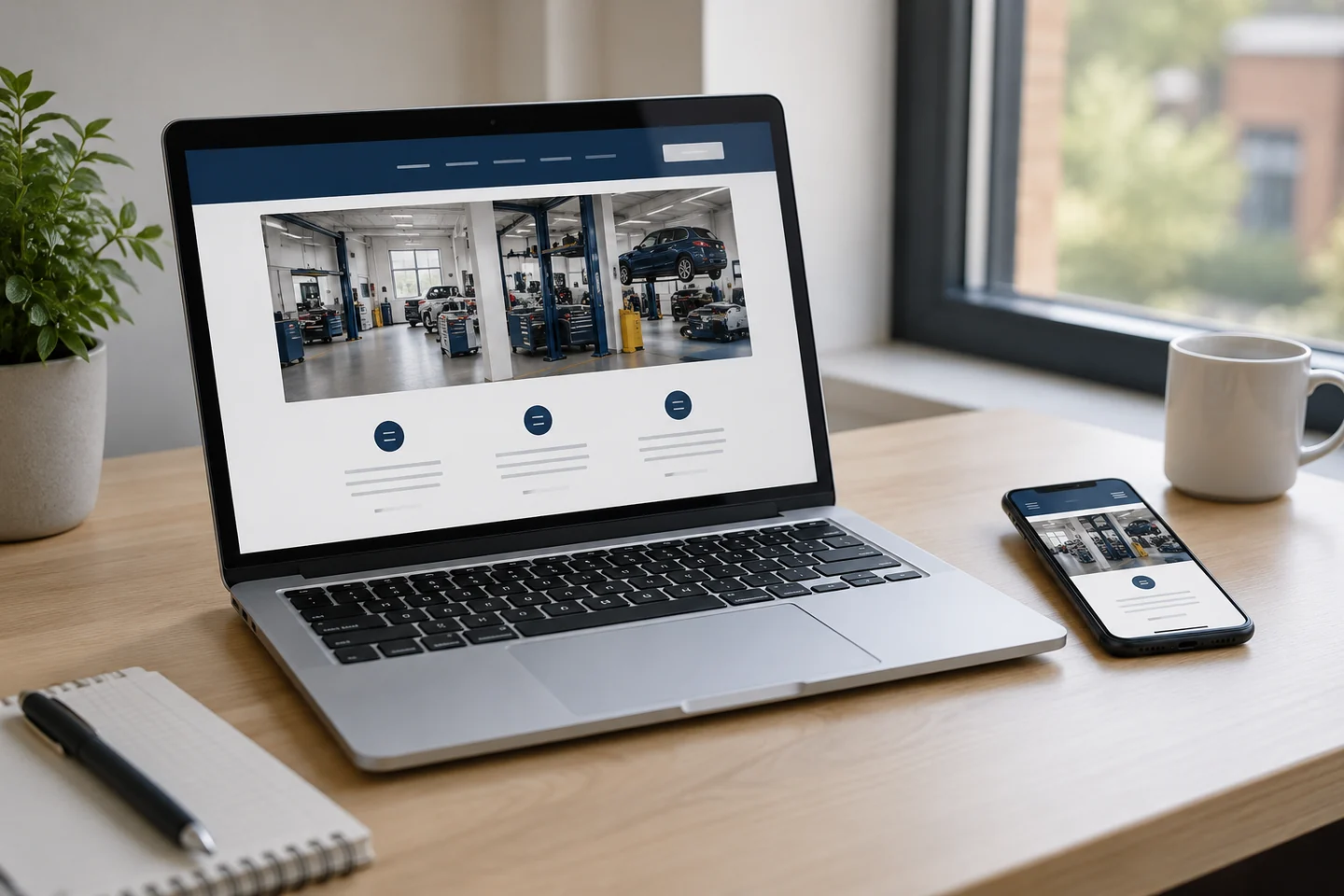 Illustrative responsive website displayed on a laptop and phone.