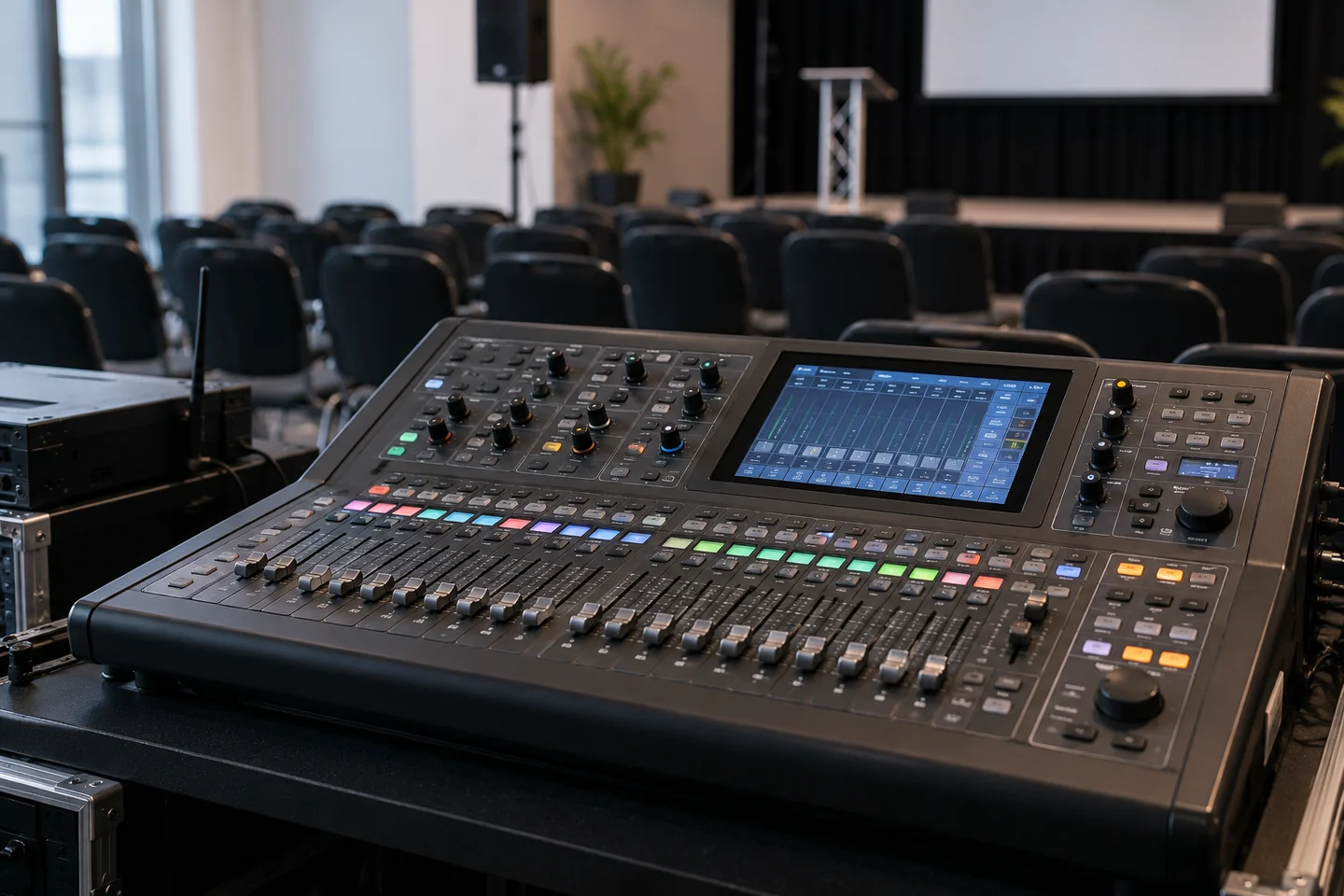 Illustrative digital audio console in an empty event venue.