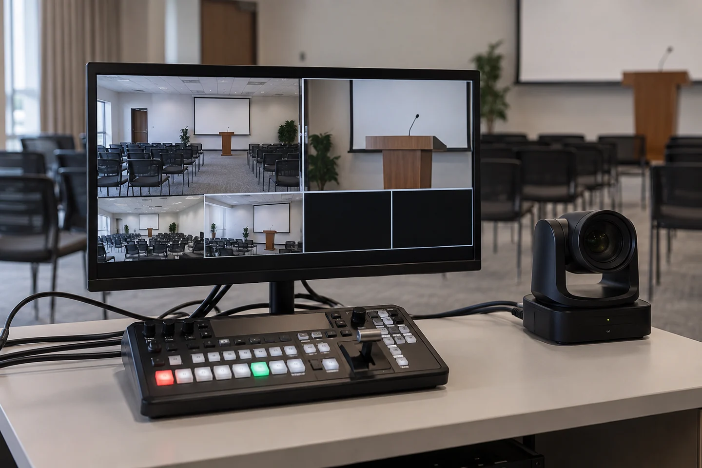 Illustrative livestream switcher, multiview monitor and PTZ camera.