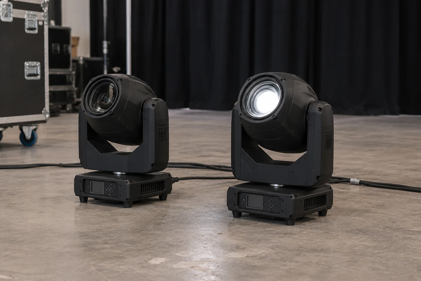 Illustrative moving head stage lighting fixtures.