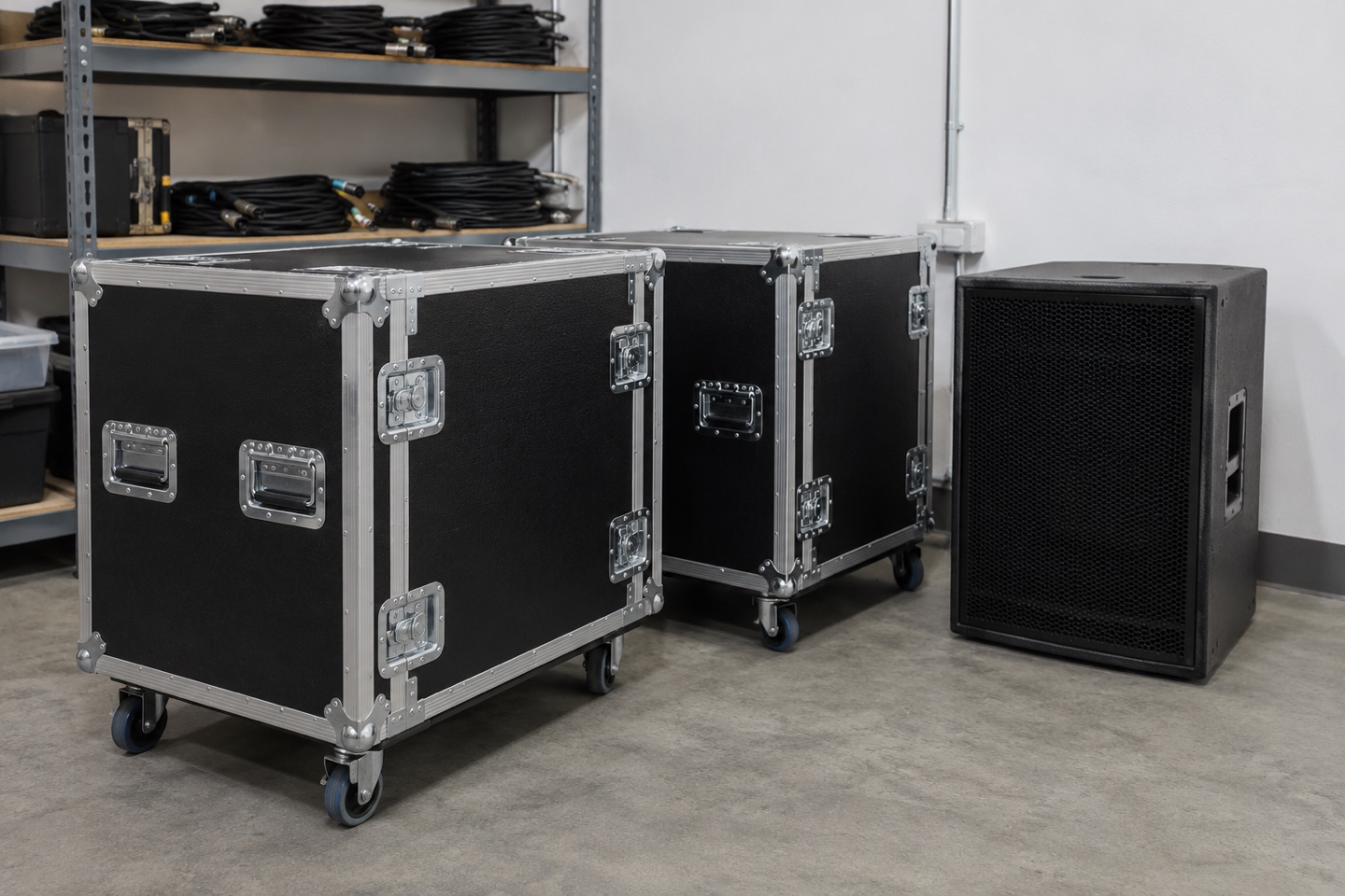 Illustrative flight cases and a PA speaker in equipment storage.