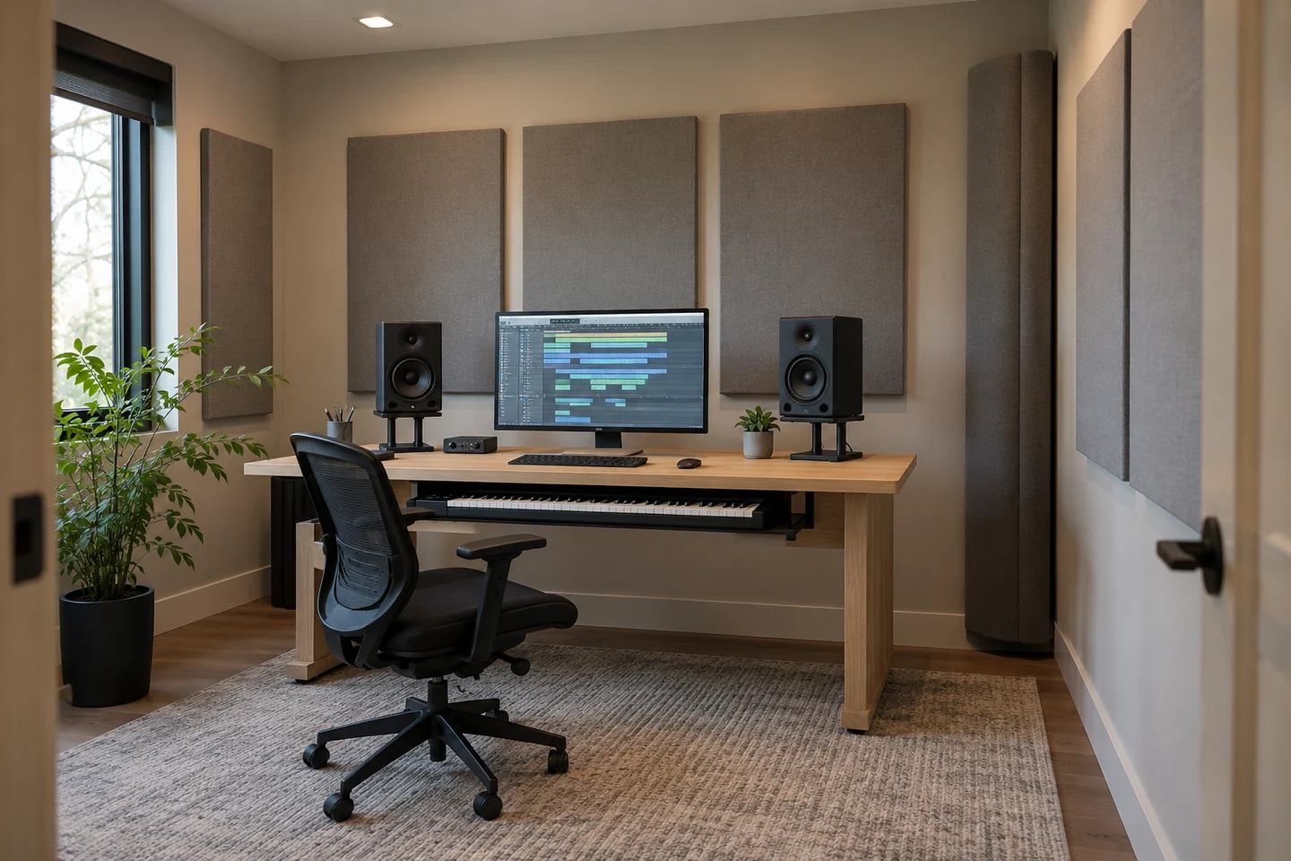 Illustrative clean recording studio with monitors, keyboard and acoustic panels.