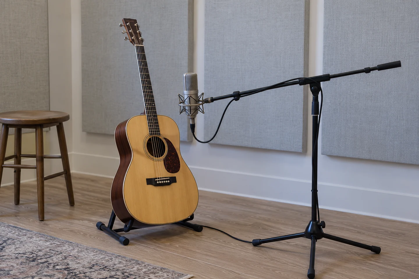 Illustrative acoustic guitar and microphone in a recording corner.