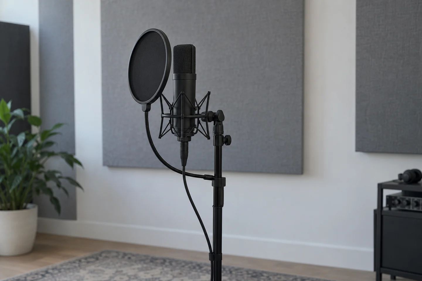 Illustrative studio vocal microphone and pop filter.