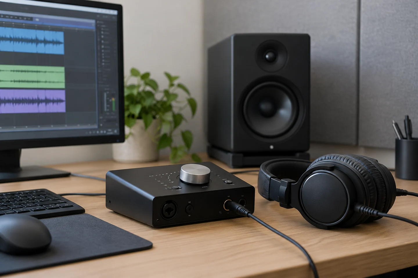 Illustrative audio interface, headphones and studio monitor.